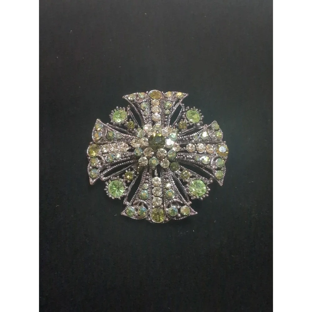 Maltese Cross Brooch Green Rhinestone